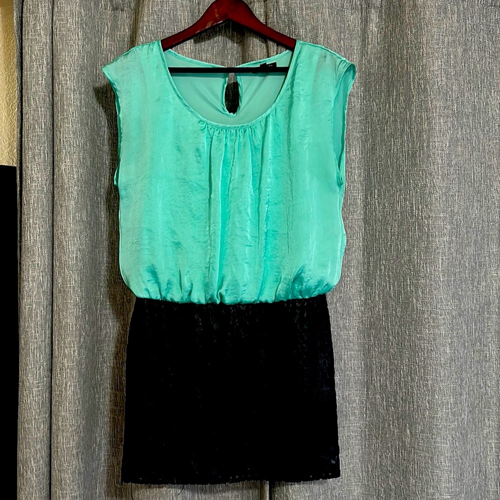 As U Wish, Teal silk and black leather dress